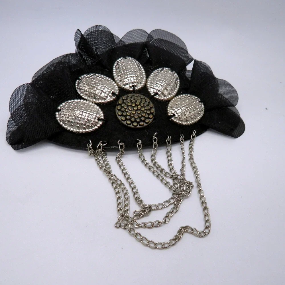 Gothic Black Mesh Ruffle Hair Barrette Silver Tone Chain Drip Punk Barrette